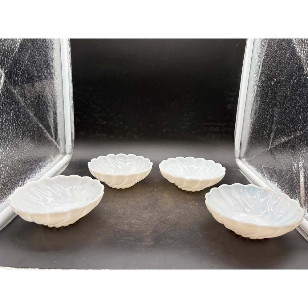 Vintage White Opalescent Milk Glass Swirl Scalloped Nesting Bowls Set of 4